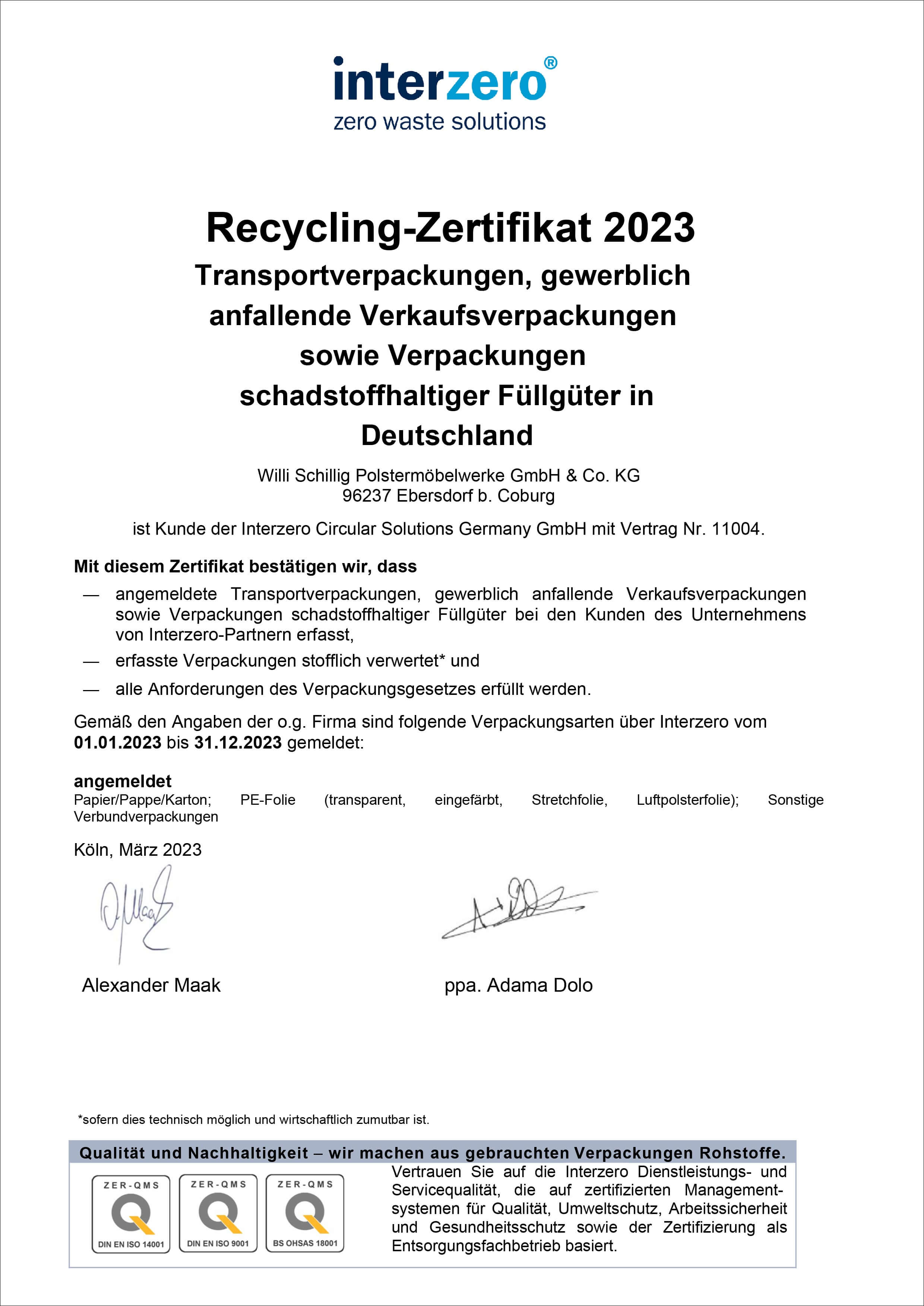 interzero - Recycling-Zertifikat 2023